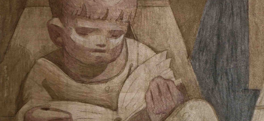 Detail of boy reading - fresco by Jean Charlot, St Benedict's Abbey, Atchison, KS