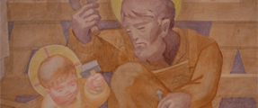 Fresco of Joseph teaching Jesus woodworking - St Benedict's Abbey